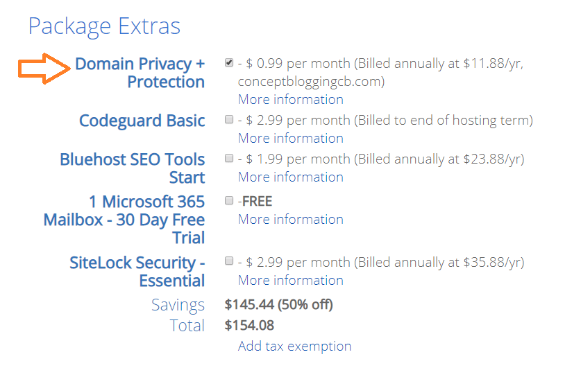 bluehost package extras
